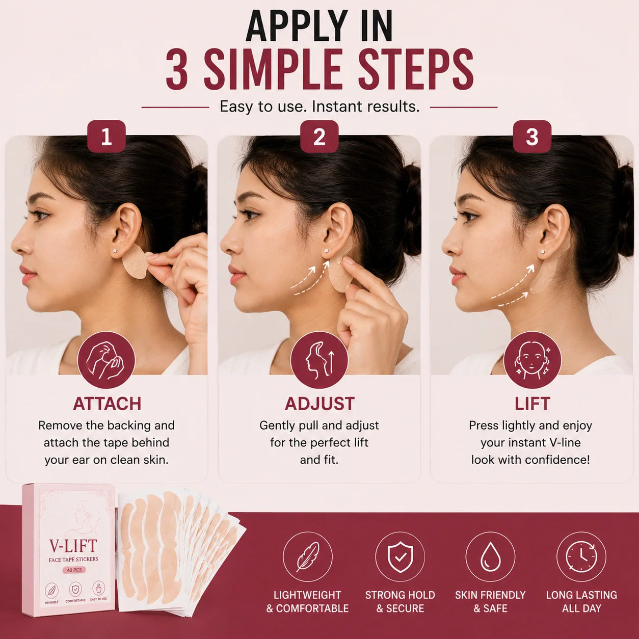 Step-by-step guide showing how to apply V-line face contour tape for a lifted facial appearance