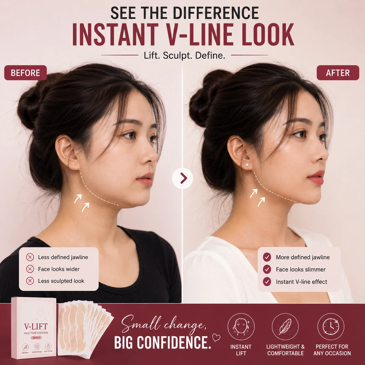 Before and after comparison showing a more defined jawline appearance with V-line face contour tape stickers