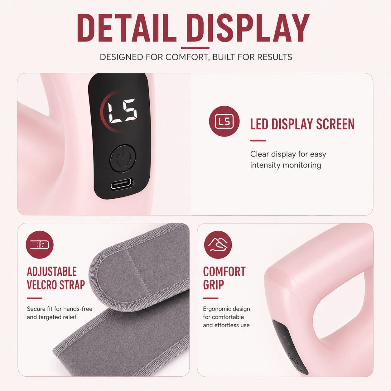 Electric fascia ring featuring LED display screen, adjustable velcro strap and ergonomic comfort grip design