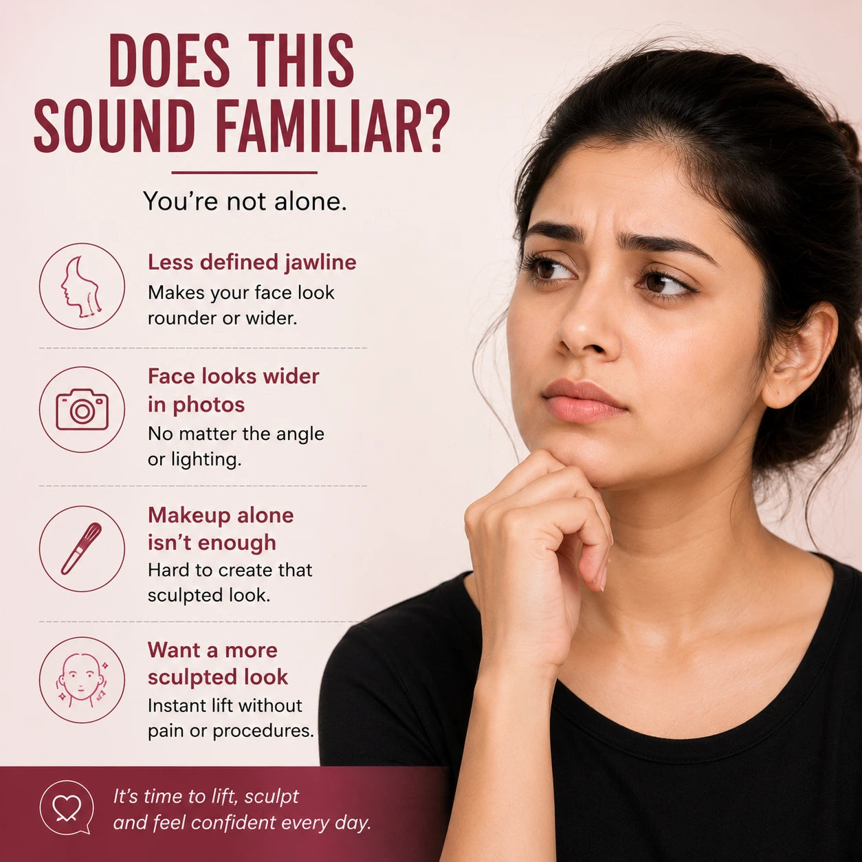 Woman concerned about jawline definition and facial contour appearance before using V-line face tape stickers