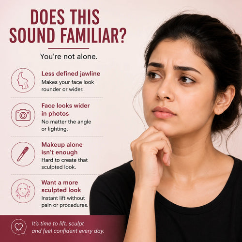 Woman concerned about jawline definition and facial contour appearance before using V-line face tape stickers
