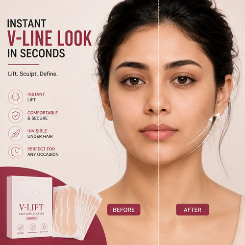 Woman showing a more defined V-line appearance using invisible face contour tape for a sculpted jawline look