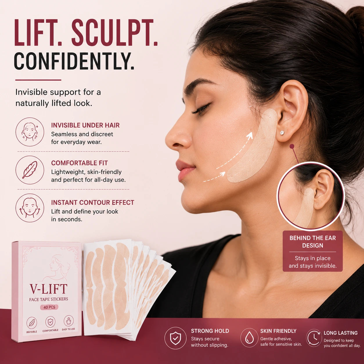 Close-up of a woman applying invisible face contour tape behind the ear for a lifted and sculpted appearance
