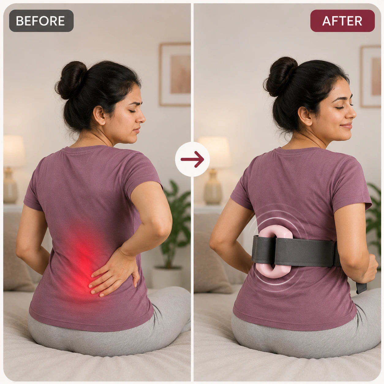 Before and after image of a woman using an electric fascia ring massager for lower back comfort and muscle relaxation