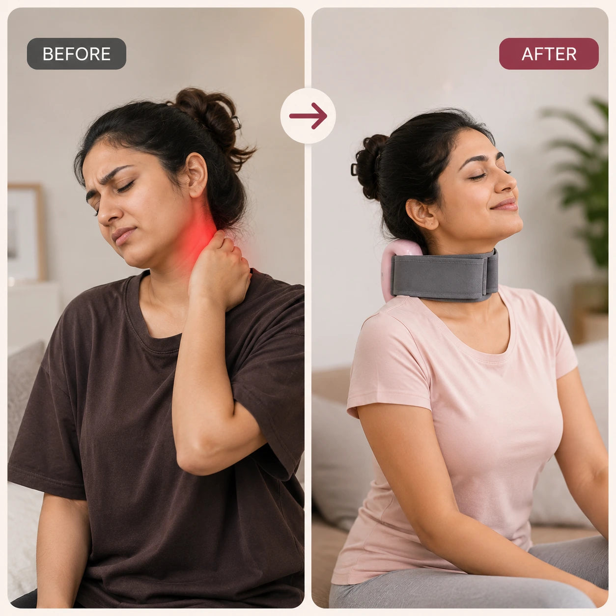 Before and after comparison showing a woman using an electric fascia ring massager for neck tension relief and muscle relaxation