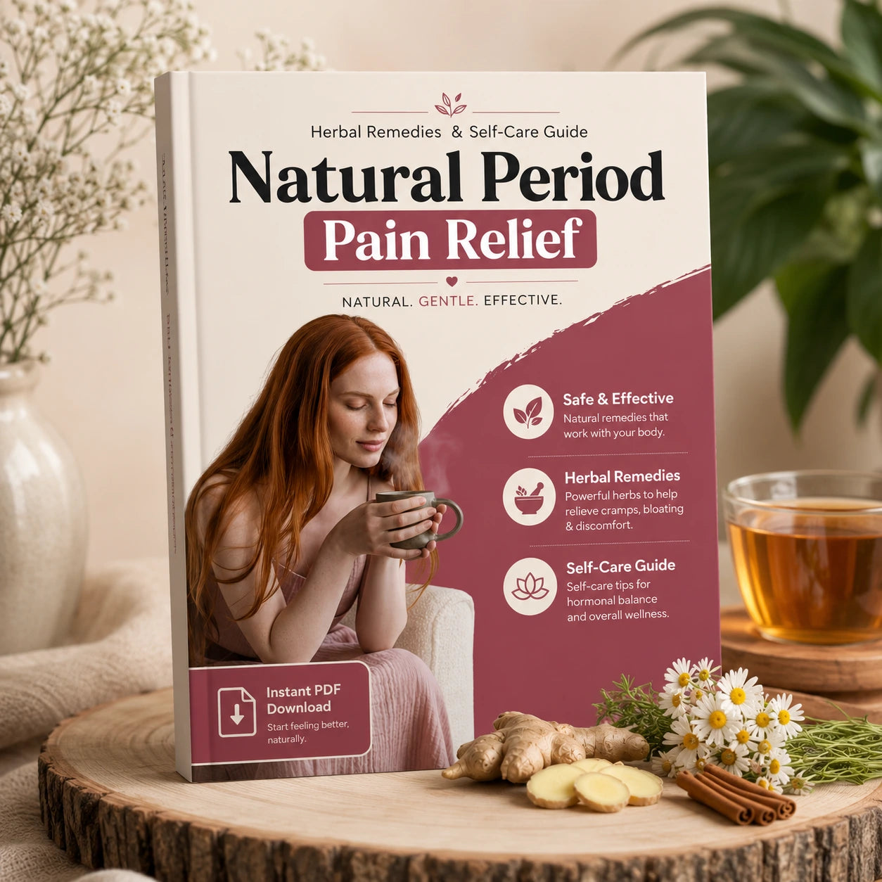 Natural period pain relief ebook with herbal remedies and self care guide