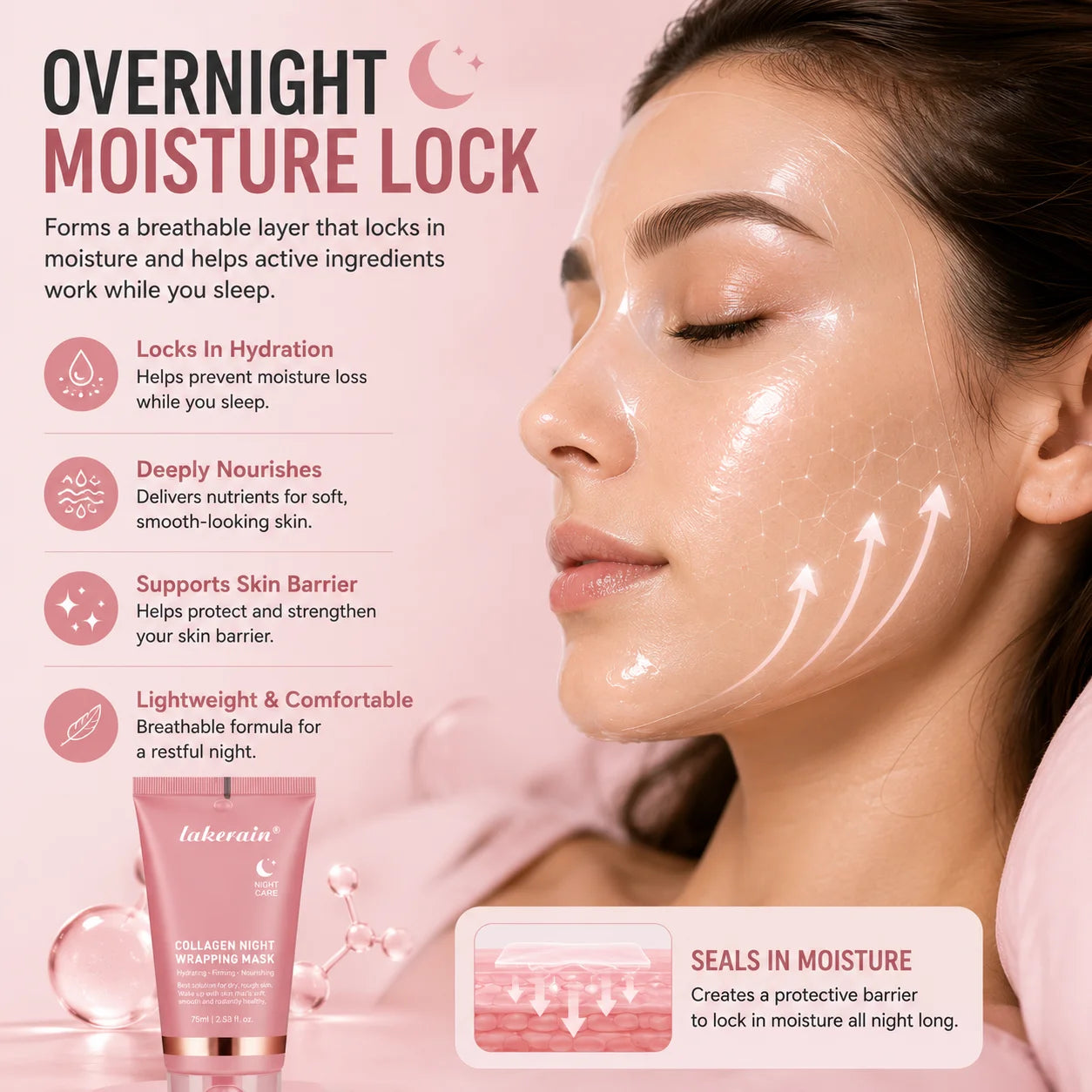 Collagen night wrapping mask creating a moisture barrier to help keep skin hydrated and smooth overnight