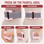 Woman using electric fascia ring massager on waist, back, arms, hips and thighs for targeted muscle tension relief
