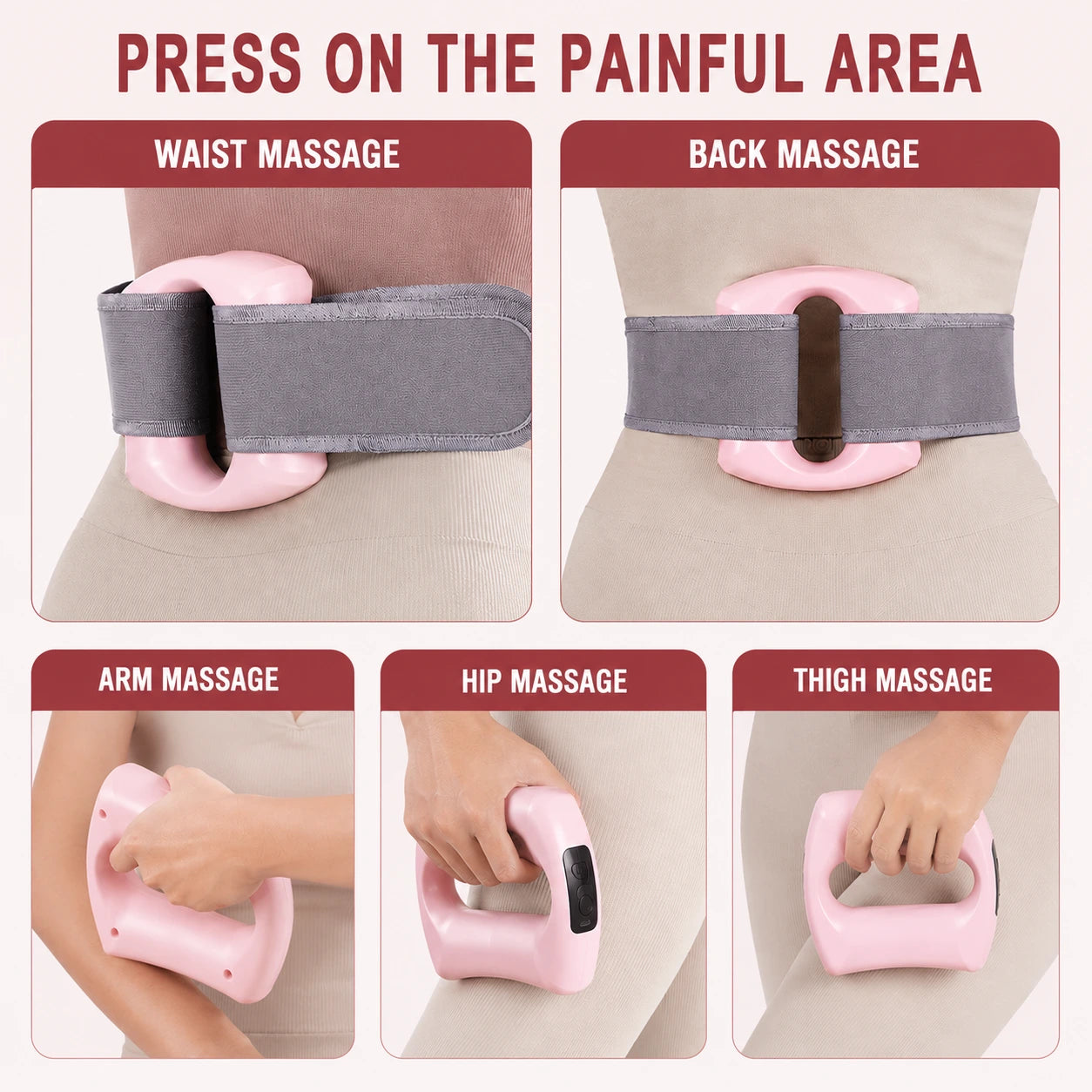 Woman using electric fascia ring massager on waist, back, arms, hips and thighs for targeted muscle tension relief