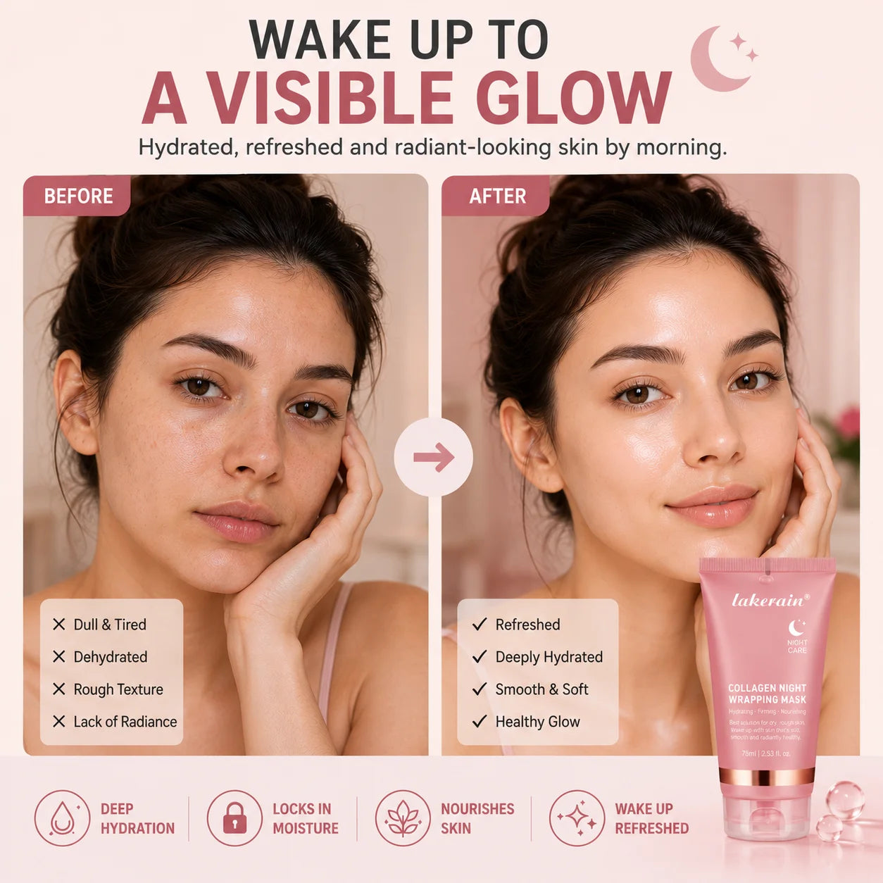 Before and after comparison showing refreshed, hydrated, and radiant looking skin after using a collagen night wrapping mask