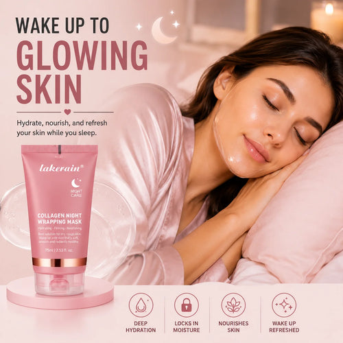 Woman sleeping peacefully while wearing an overnight collagen wrapping mask for hydrated and glowing skin by morning