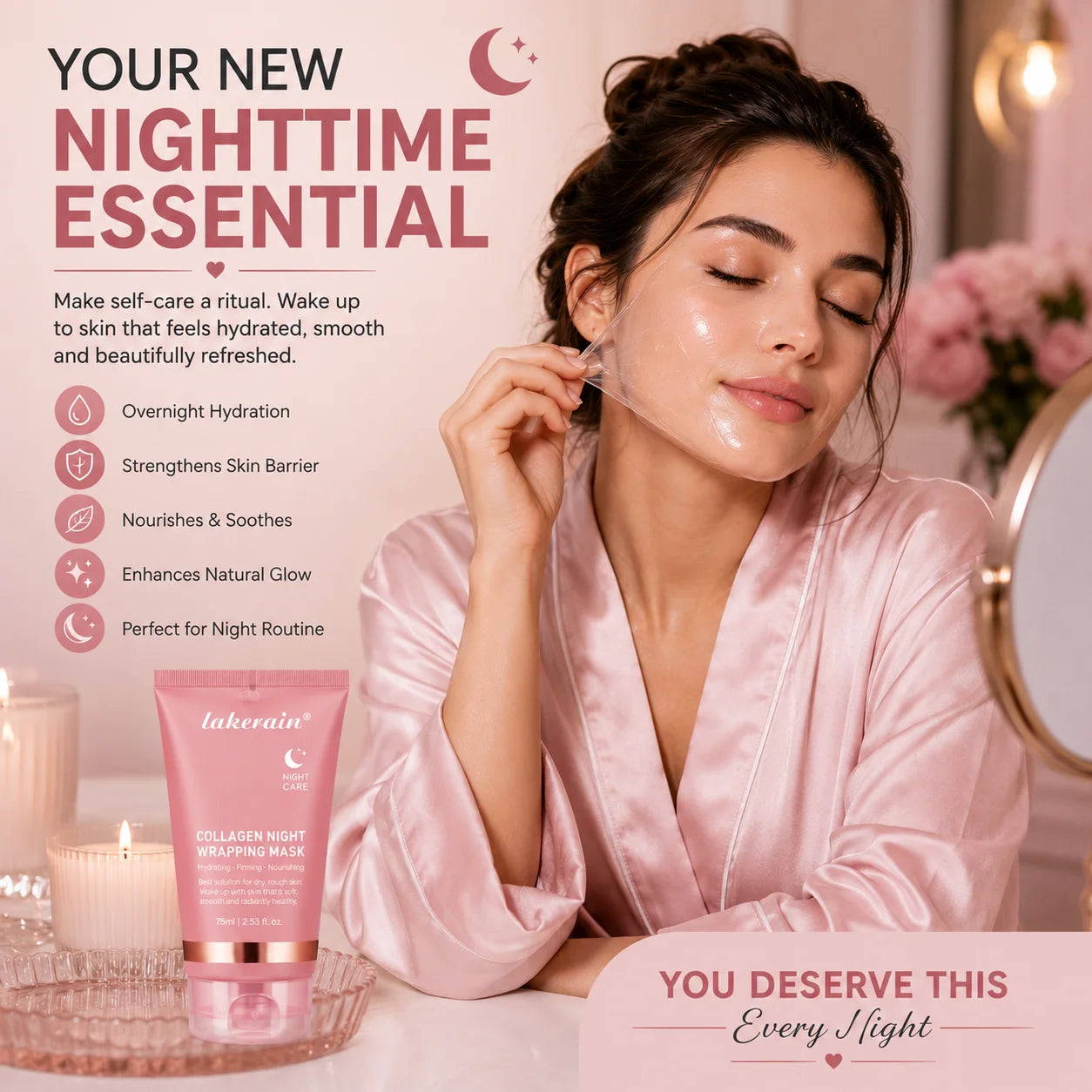 Woman using a collagen night wrapping mask as part of her nighttime skincare routine for hydration and glow